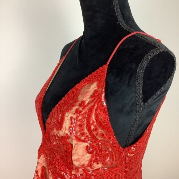 FREE PEOPLE NIGHT SHIMMERS LACE & SEQUINS RED MINI DRESS 10 - Picture 9 of 15